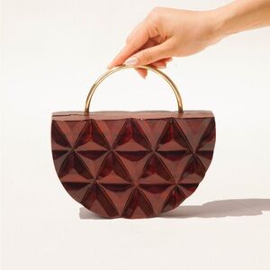 RAMLA Azariah Carved Half Moon Wood Clutch Bag NWOT